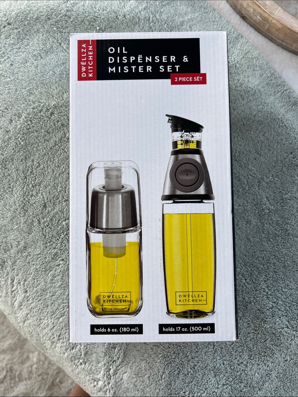 Dwellza Kitchen Oil Dispenser & Mister Set - Clear Bottle with Yellow Oil